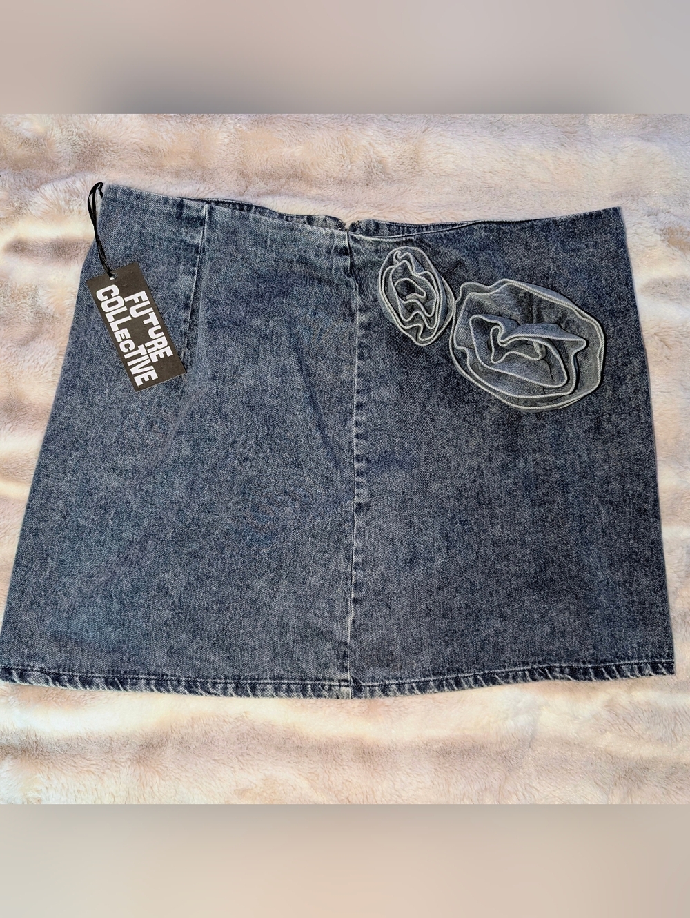 Future Collective Denim Mini Skirt XXL Blue Acid Wash 3D Floral Applique NWT